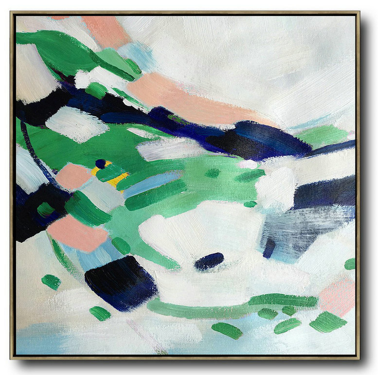 Oversized Contemporary Art,Abstract Painting On Canvas,White,Green,Pink